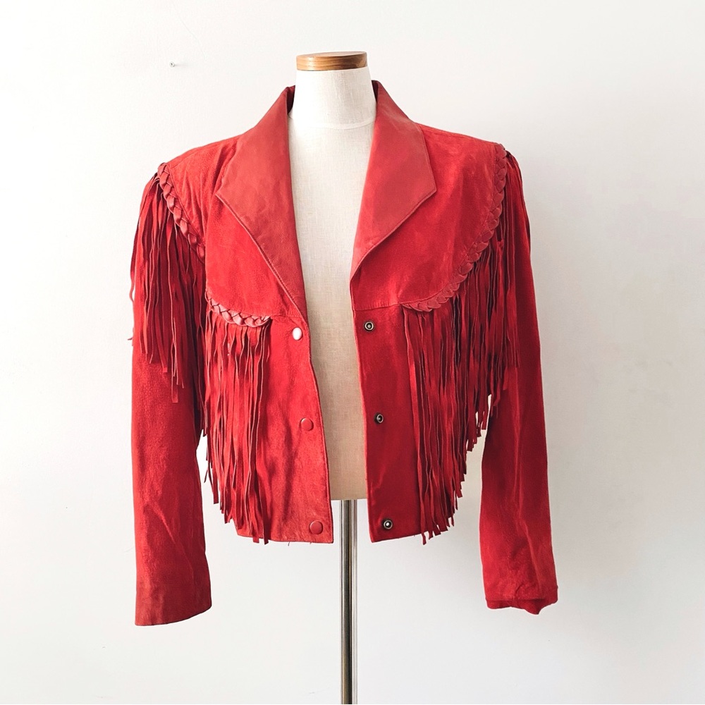 LEATHER GALLERY Vintage Red Suede Fringe Women's Jacket